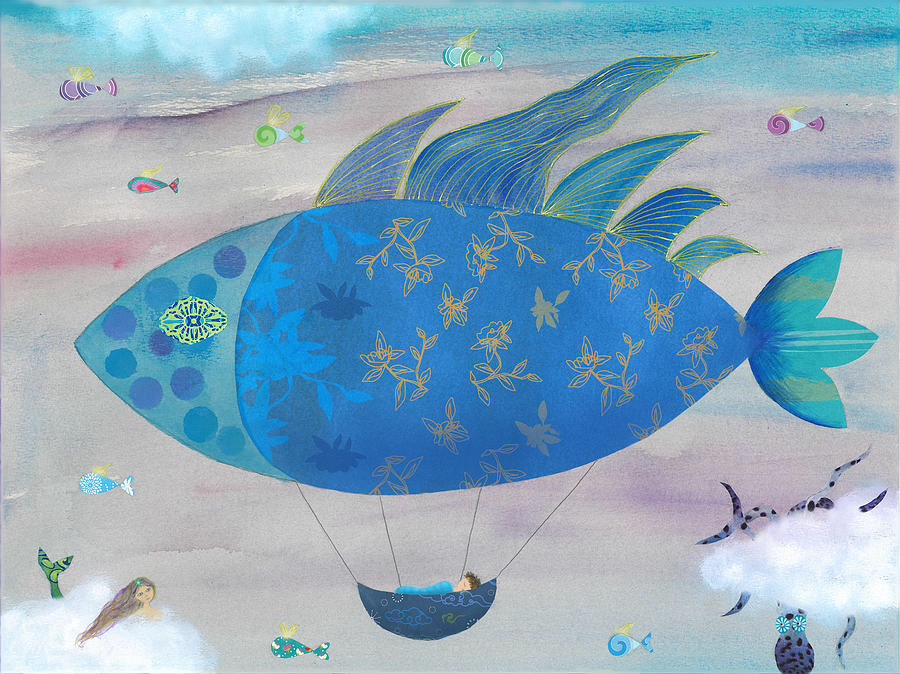 Riding the Skies. Watercolour, acrylic and collage on paper. Artist: Sukilopi. Todos los derechos reservados. 